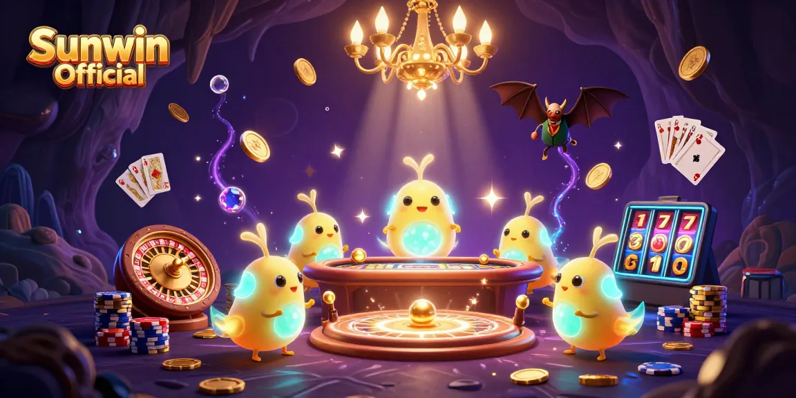 Spin the reels at Sunwin Official, showcasing a vibrant animated casino scene with glowing creatures and sparkling gems.