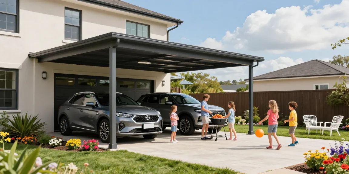 Modernes Carport neben einem schönen Garten, Familie genießt den Tag im Freien.