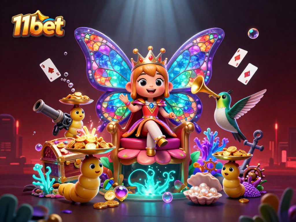 Experience thrilling gameplay at 11bet with a vibrant scene of a butterfly queen among treasure and gaming elements.
