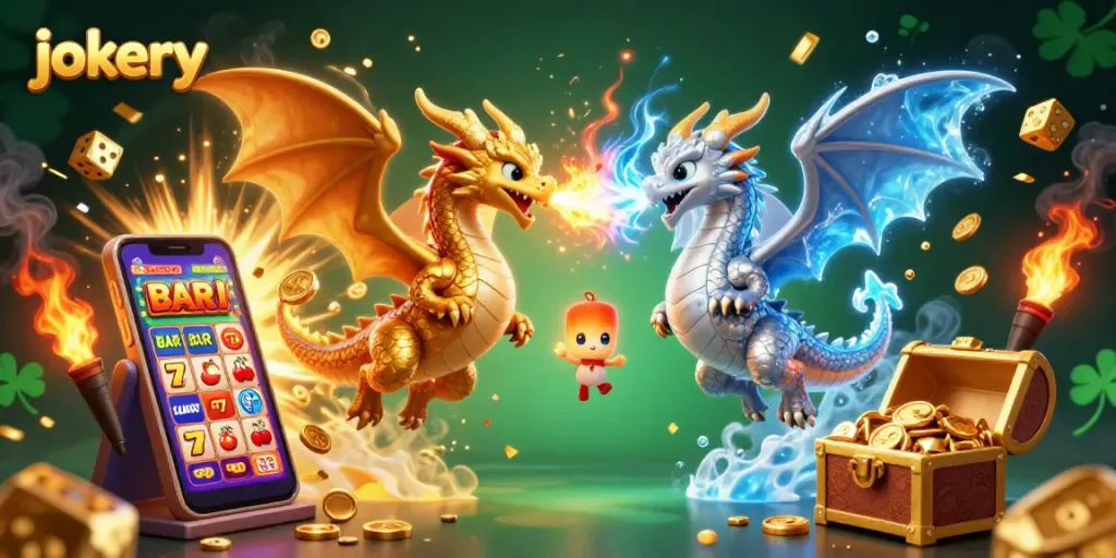 Experience jokery fun with a vibrant 3D illustration of dragons and casino elements sparking excitement in gaming.