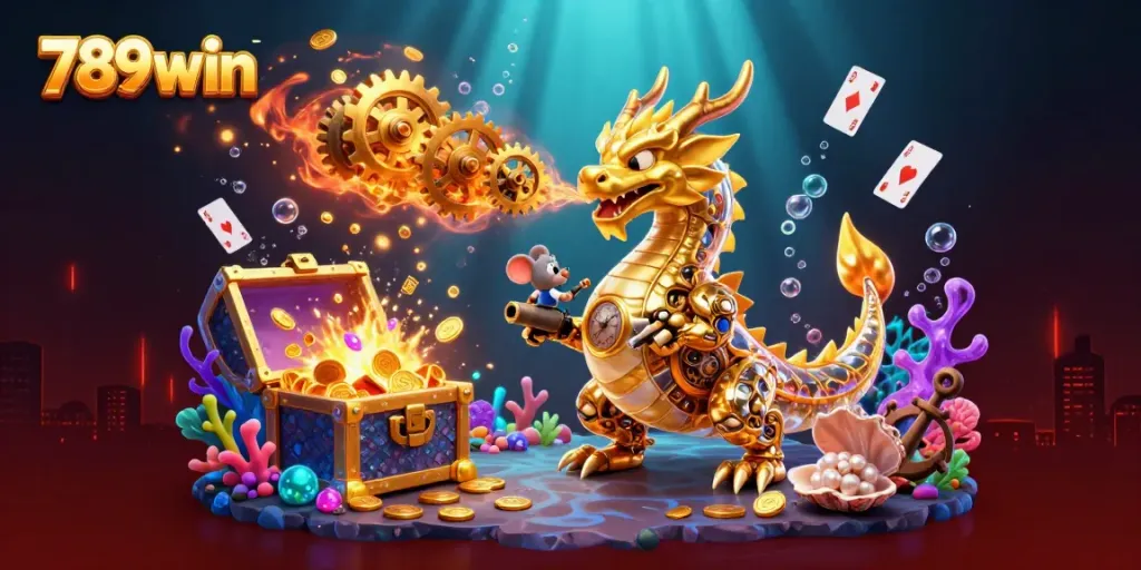 Engage with 789win's thrilling casino experience featuring a golden dragon amidst treasure and bioluminescent scenery.