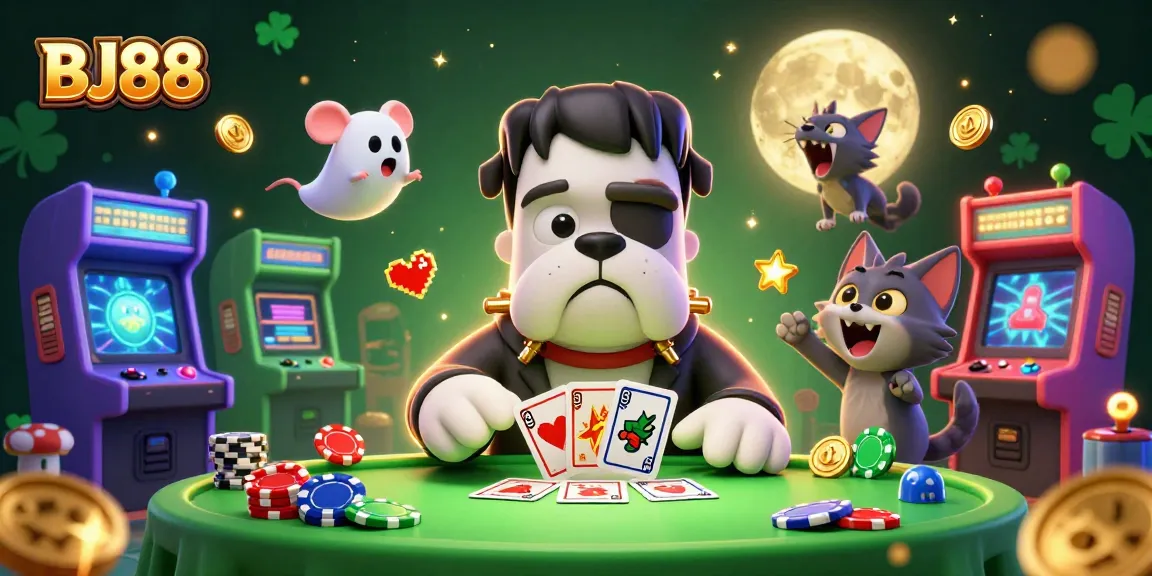 Join the fun at BJ88, where a 3D cartoon bulldog dealer engages players in an exciting game.