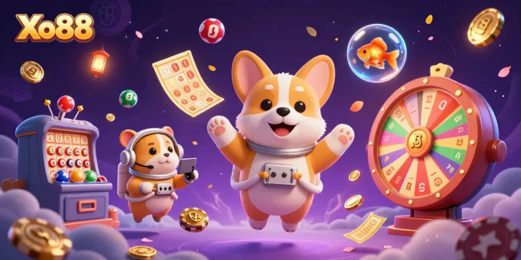 Xo88 offers a vibrant 3D casino experience with playful characters enjoying floating games space.