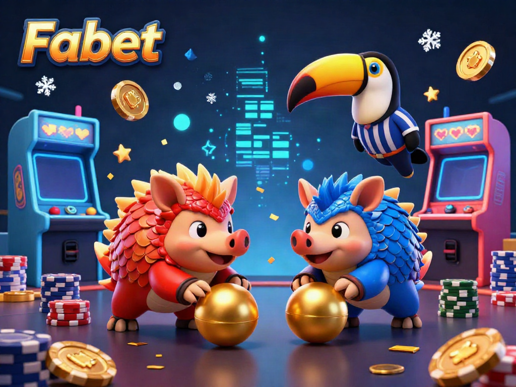 Fabet's rival pangolins roll into golden balls in a dynamic casino scene full of colorful games.