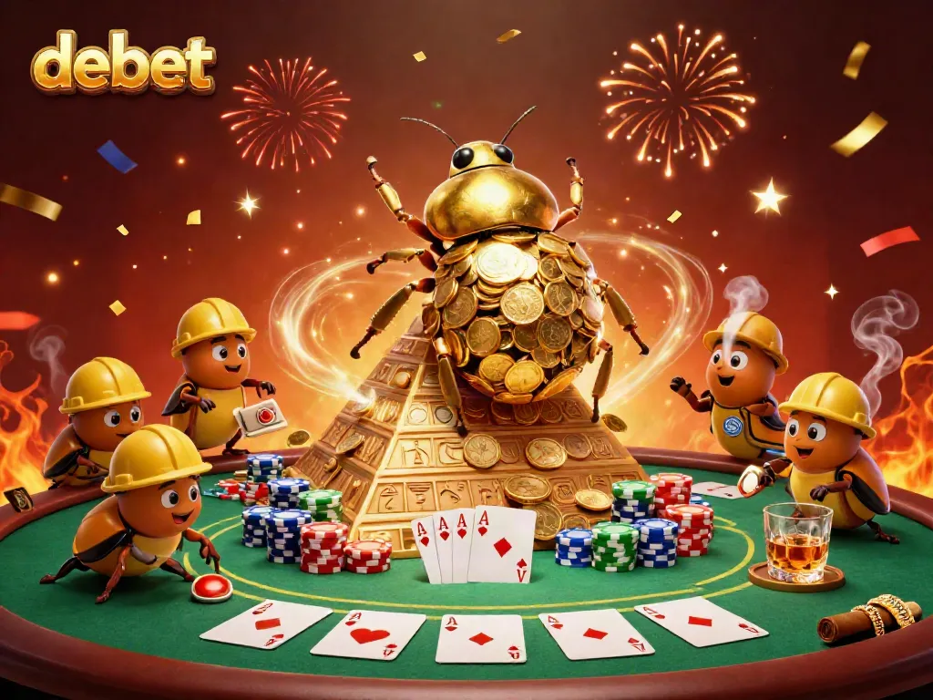 Engage with debet's vibrant world as a golden dung beetle navigates a pyramid of coins amidst dynamic casino games.