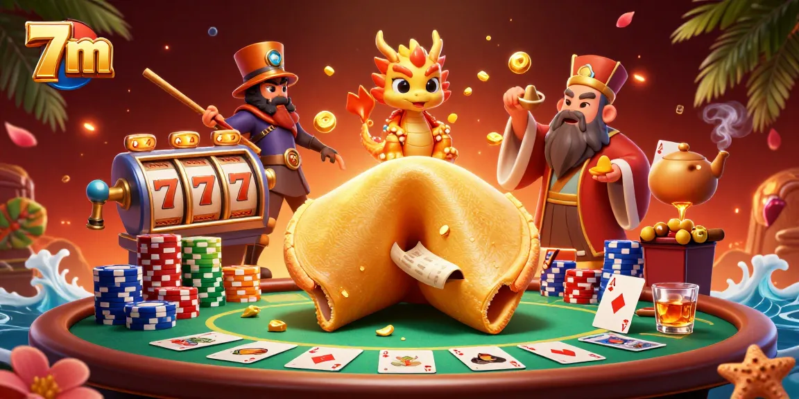 Engage in thrilling 7m casino action with a vibrant 3D illustration featuring a golden fortune cookie and poker elements.