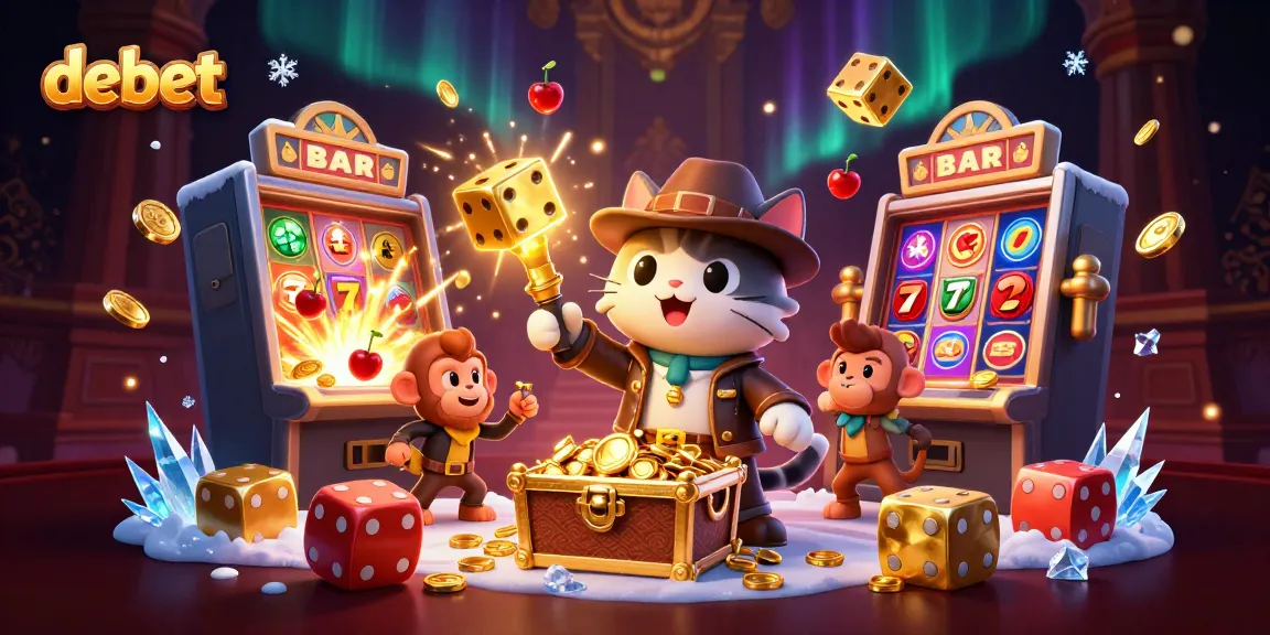 Immerse in debet's exciting world with an explorer cat and monkey discovering casino treasures.