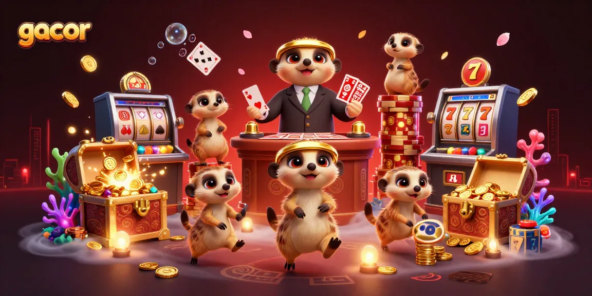 Experience gacor slot wins with playful meerkats in a vibrant casino setting.