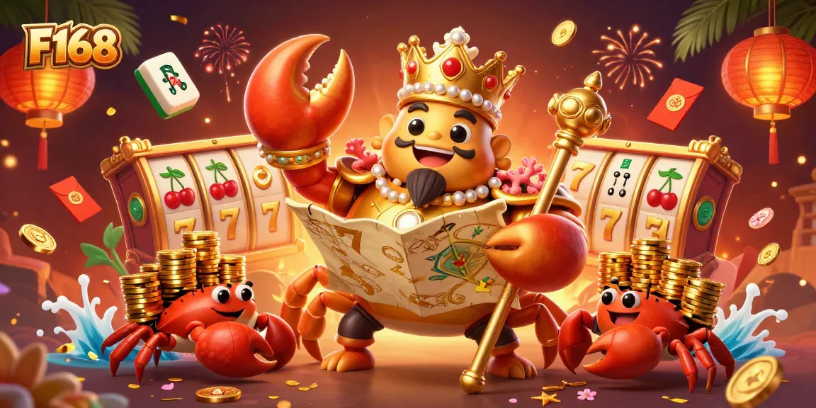 Experience exciting slots with F168's dynamic gaming scene, featuring a golden crab emperor ruling the casino.