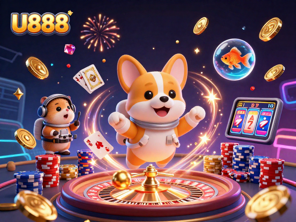 Experience the excitement at U888 casino with thrilling games, as an astronaut corgi floats surrounded by poker chips and golden coins.