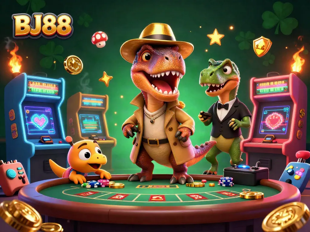 BJ88 velociraptor card counter at blackjack table amidst vibrant gaming elements, evoking casino excitement