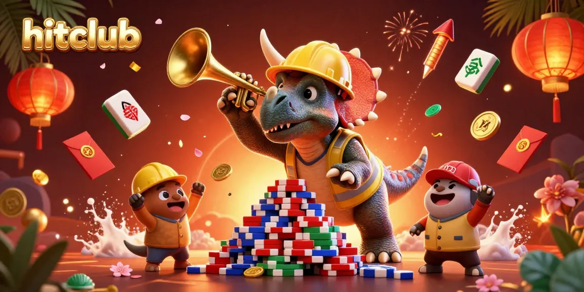 Experience the vibrant hitclub scene as a triceratops builds a poker chip pyramid amidst cheering companions.