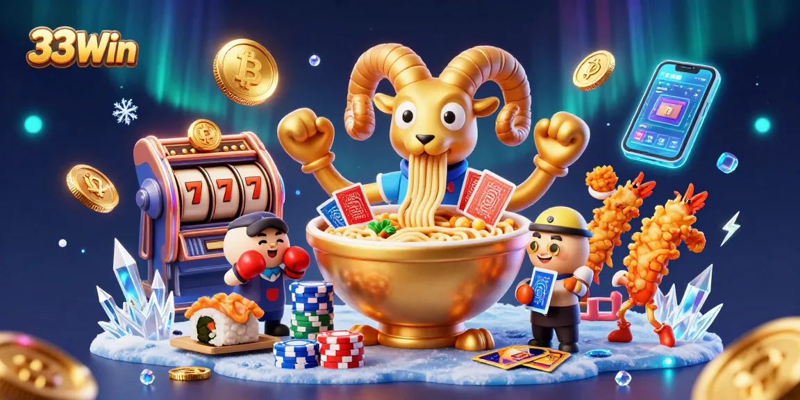 33Win features a vibrant, immersive casino scene with a giant ramen bowl dealer and crypto elements.