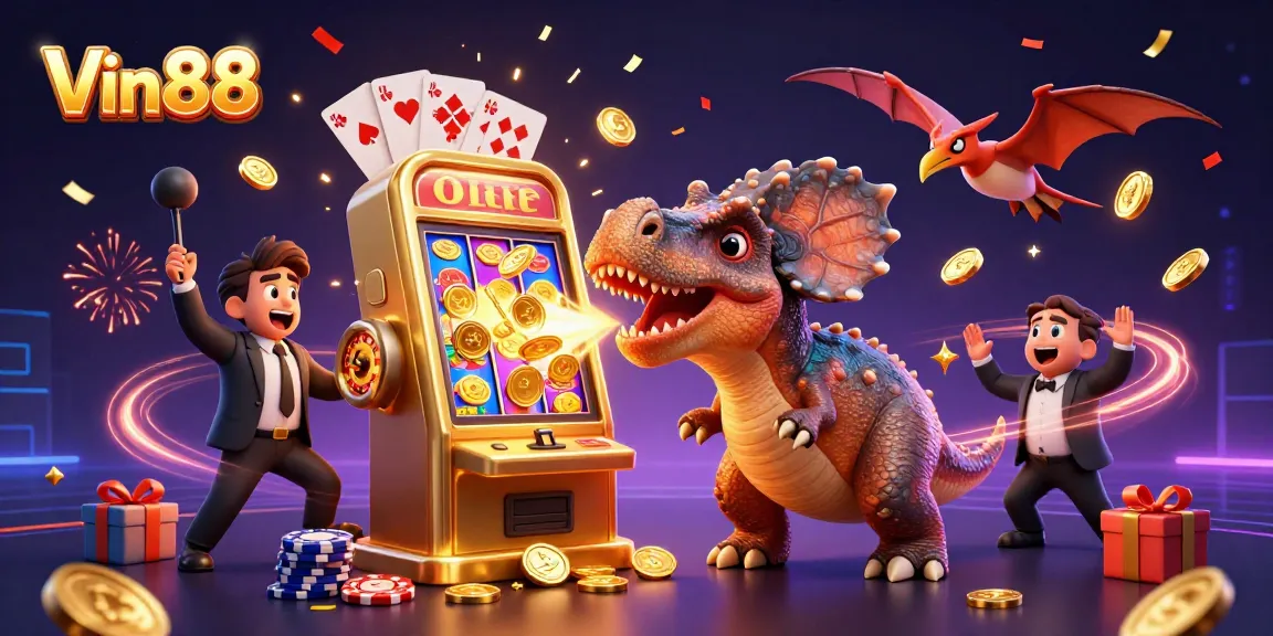 Engage with Vin88 as a pachycephalosaurus wins jackpots from a golden slot machine.