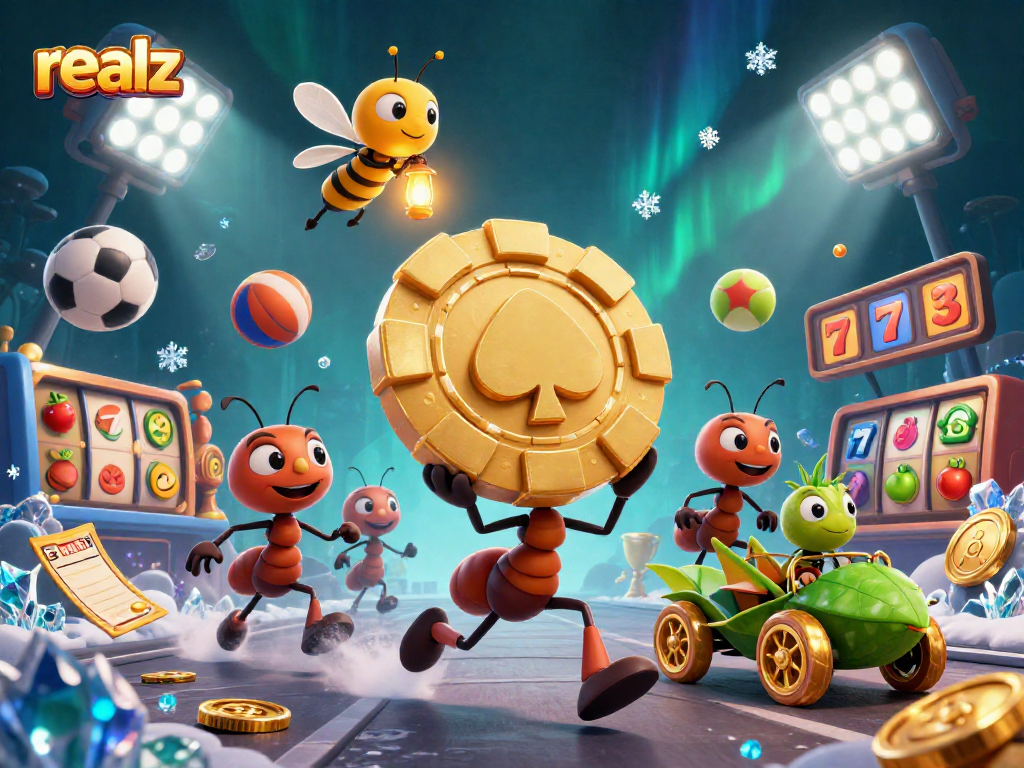 Spiele realz, während eine Gruppe von Ameisen einen goldenen Pokerchip durch einen Tunnel transportiert.
