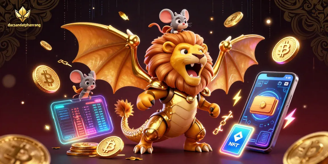 Experience thrilling gaming at dacsandatphanrang with a vibrant 3D chimera creature and crypto elements.