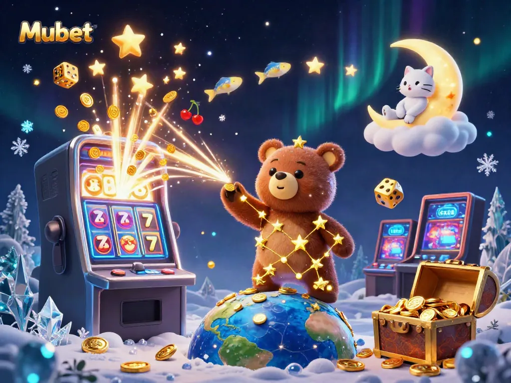 Experience thrilling casino adventures with Mubet's dynamic gaming scene featuring a constellation bear and slot machine.