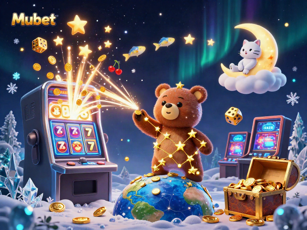Experience thrilling casino adventures with Mubet's dynamic gaming scene featuring a constellation bear and slot machine.
