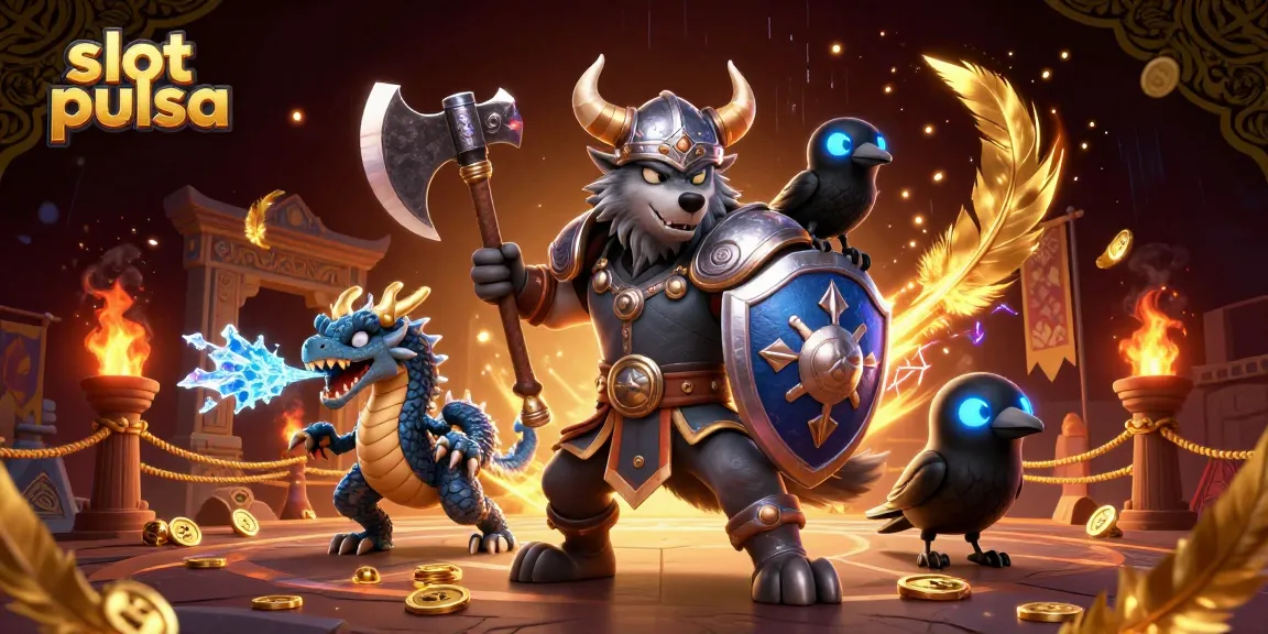 Mainkan slot pulsa dengan karakter Viking dan naga di arena kasino yang megah.