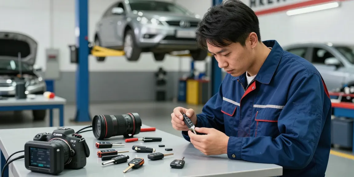 Mechaniker zeigt Schlüsselprobleme bei Auto mit Bitte schön Lösungen für Autoschlüssel.