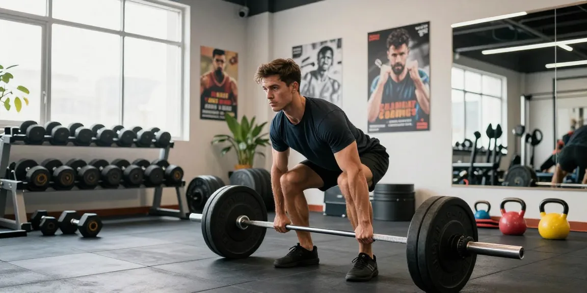 Selliza Shop: Sportlicher Mann beim Deadlift-Training im modernen Fitnessstudio mit motivierenden Elementen.