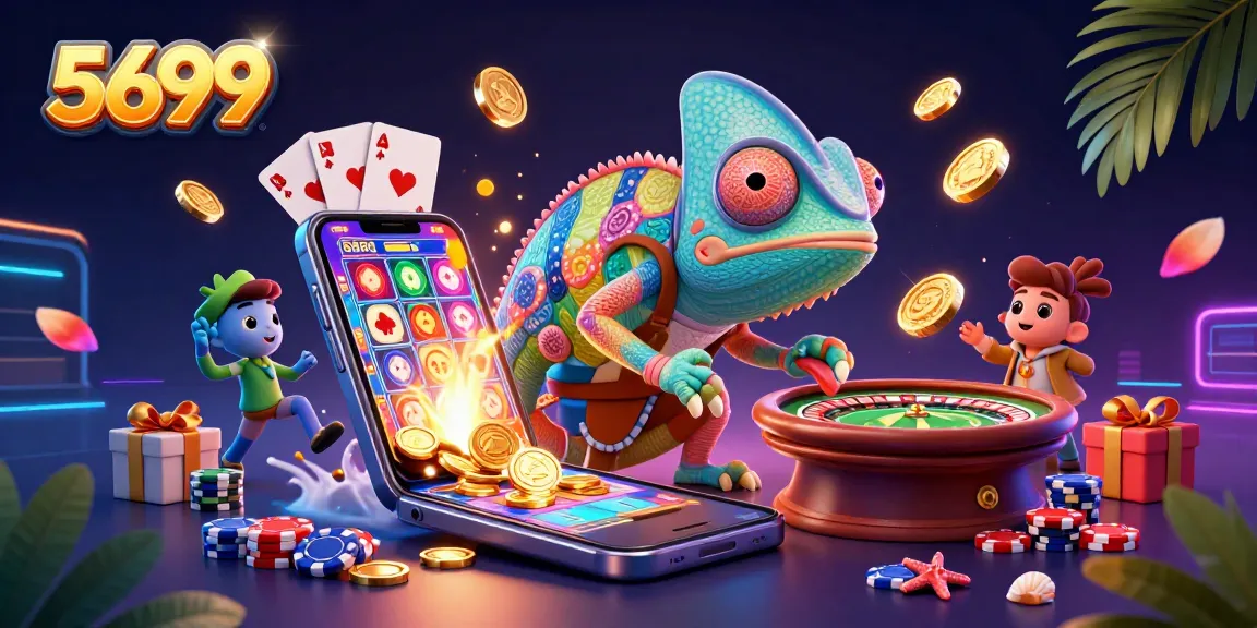 Play thrilling games at 5699 with an eye-catching chameleon surrounded by casino elements.