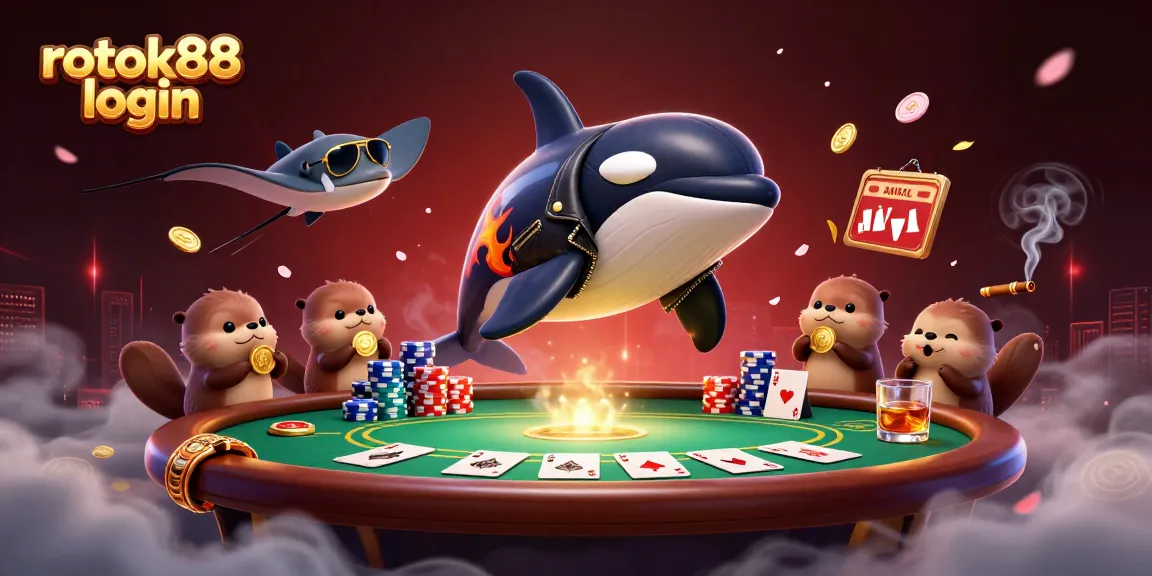 Experience the excitement of gambling with rokok88 login, featuring a dynamic orca and otters surrounded by poker elements.