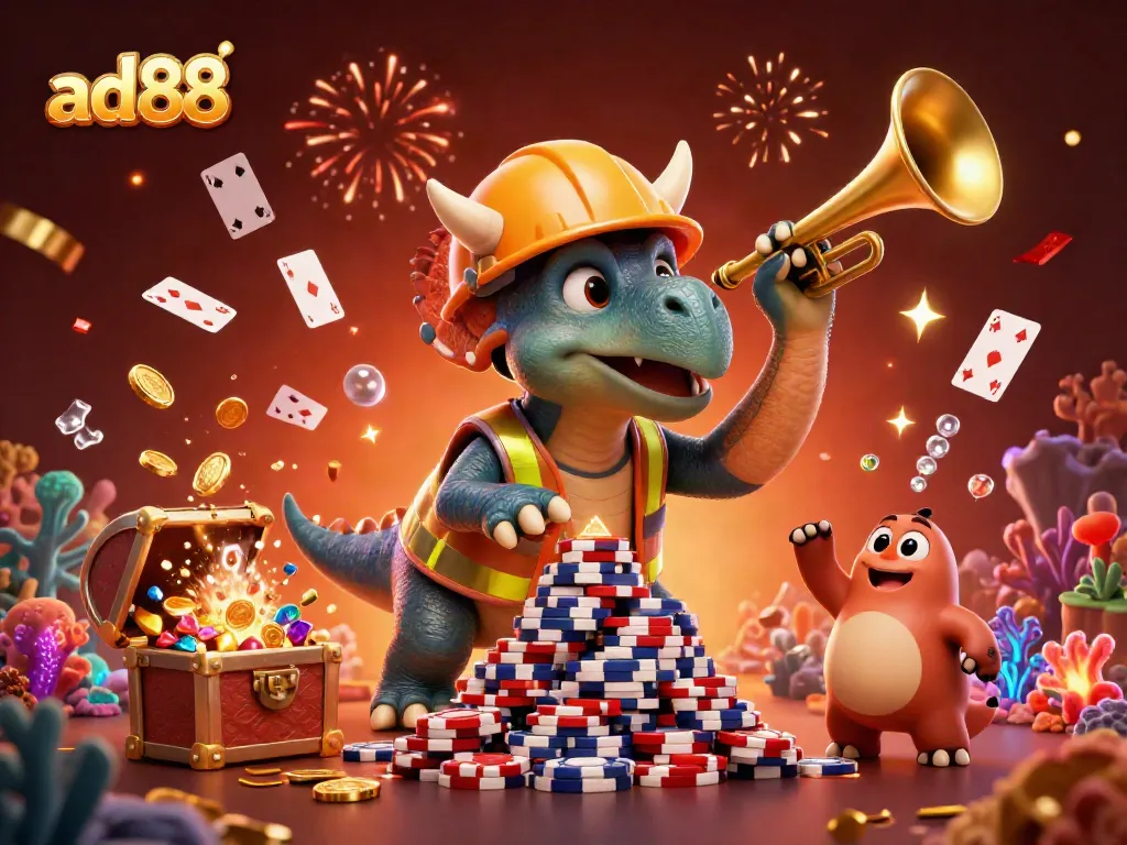 Engage with ad88 in this colorful 3D casino illustration showcasing a triceratops celebrating amidst poker chips and festive elements.
