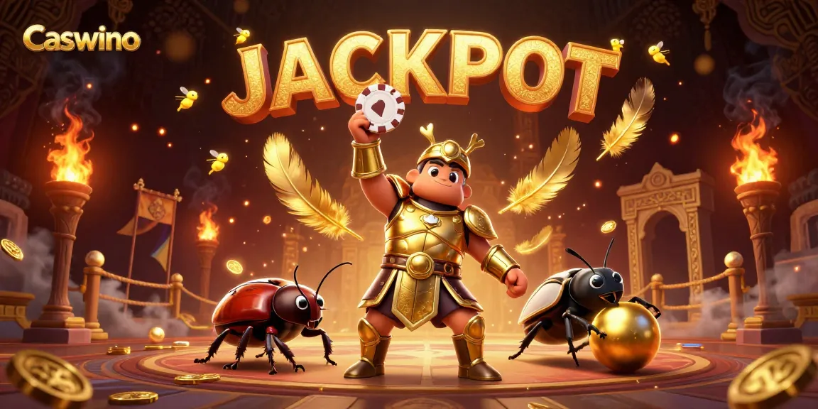 Caswino's hercules beetle triumphantly raises a poker chip amidst a dazzling gambling-themed scene.