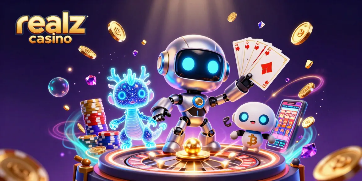 Winning at realz casino with a vibrant 3D scene featuring futuristic characters and casino elements.