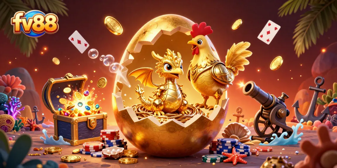 Witness the thrilling action at fv88 as a colossal golden egg reveals a golden baby dragon amidst poker chips, surrounded by treasure and gaming elements.