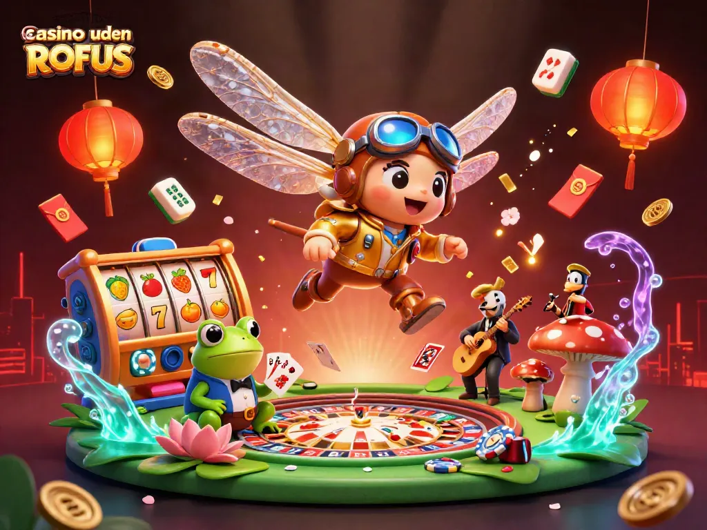 Experience udenlandsk casino uden ROFUS with vibrant gaming action and a dynamic illustration of fun.