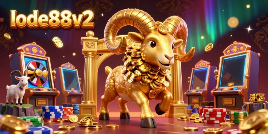 Experience the excitement of lode88v2 with a vibrant casino atmosphere featuring a golden ram charging through slot machine elements.