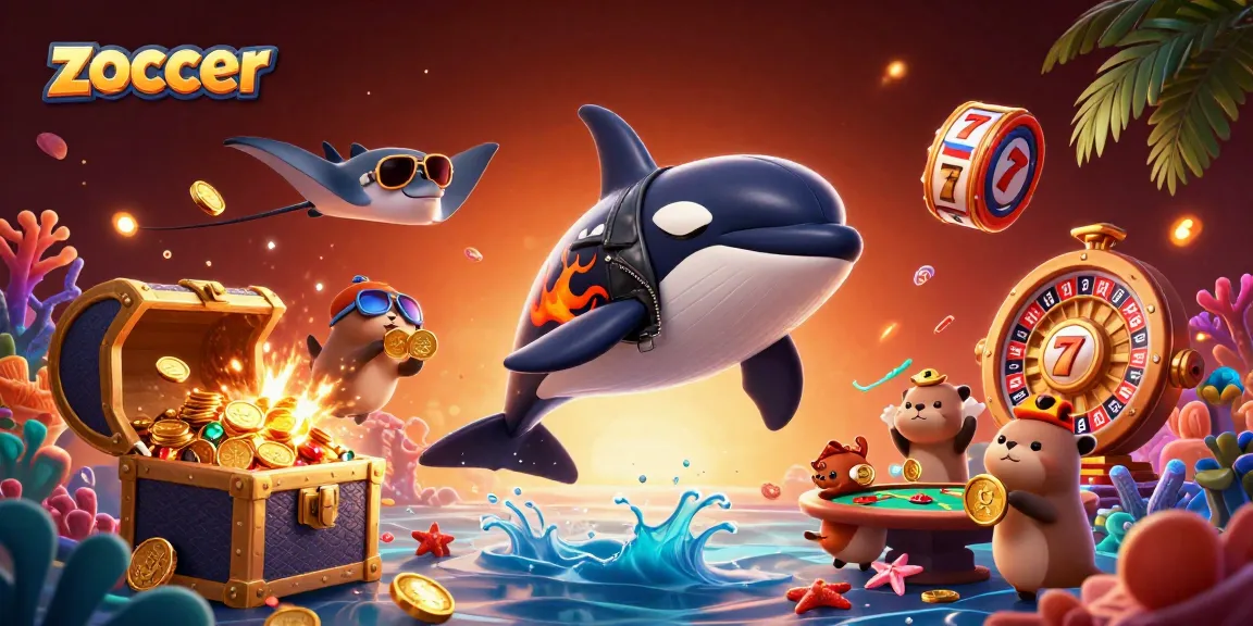 Zoccer casino experience featuring an orca whale and sea otters amid vibrant slots and casino elements.