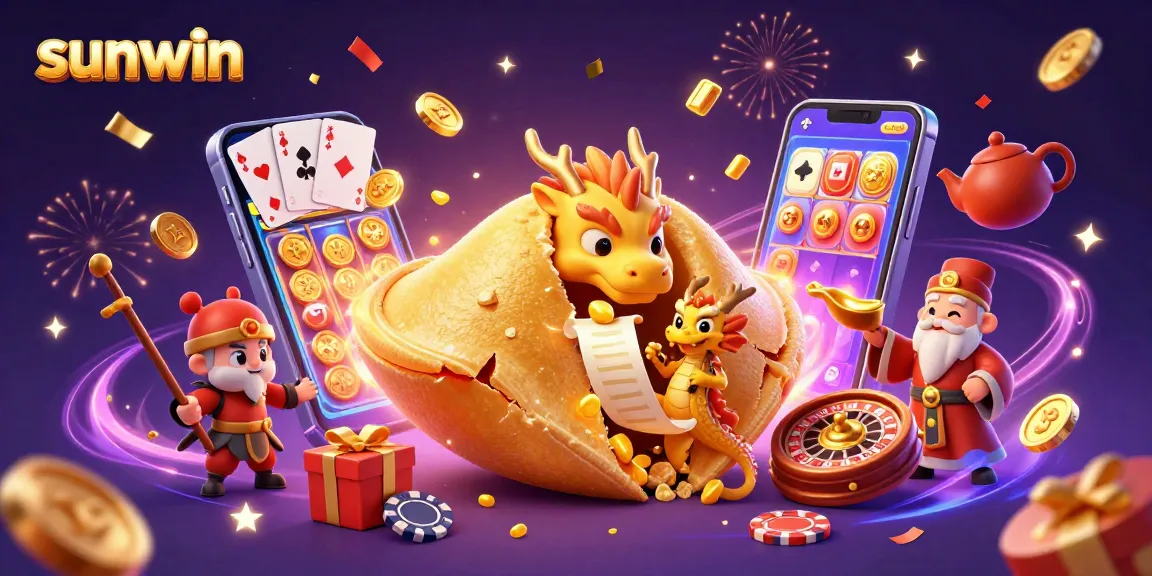 Engage with sunwin's gaming excitement as a golden fortune cookie opens to reveal thrilling casino elements.