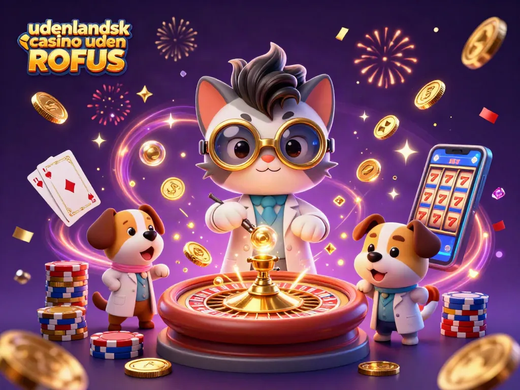 Experience the excitement of udenlandsk casino uden ROFUS with a lively cartoon scene showcasing a mad scientist cat and loyal dog.