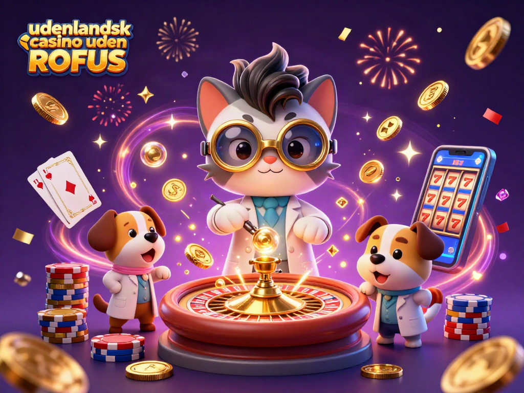 Experience the excitement of udenlandsk casino uden ROFUS with a lively cartoon scene showcasing a mad scientist cat and loyal dog.