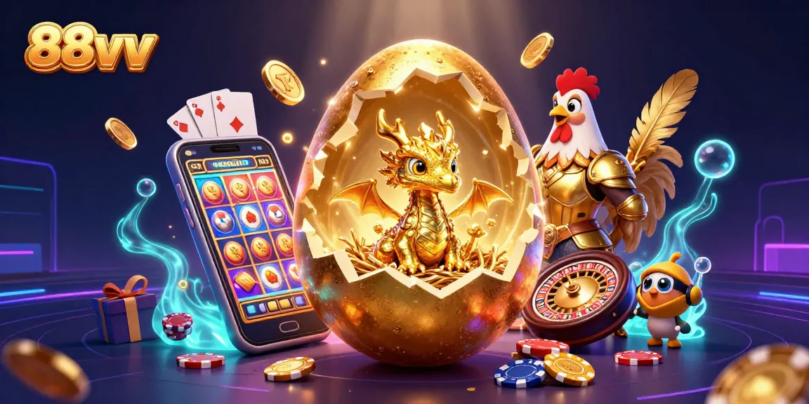 Experience the thrill of 88vv as a golden dragon emerges from a jackpot egg surrounded by casino elements.
