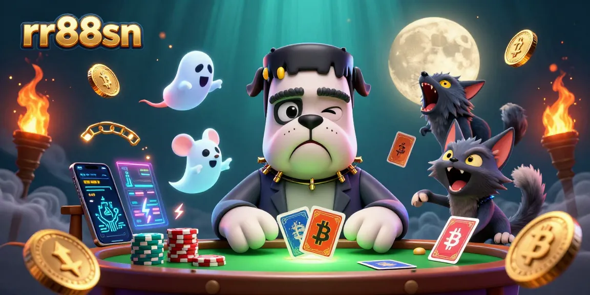Engage with rr88sn's vibrant casino scene featuring unique 3D characters dealing cards amidst crypto elements.