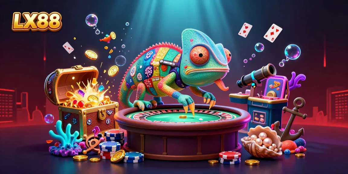 LX88 chameleon casino owner snatches golden coins in a vibrant underwater scene with dynamic game elements.