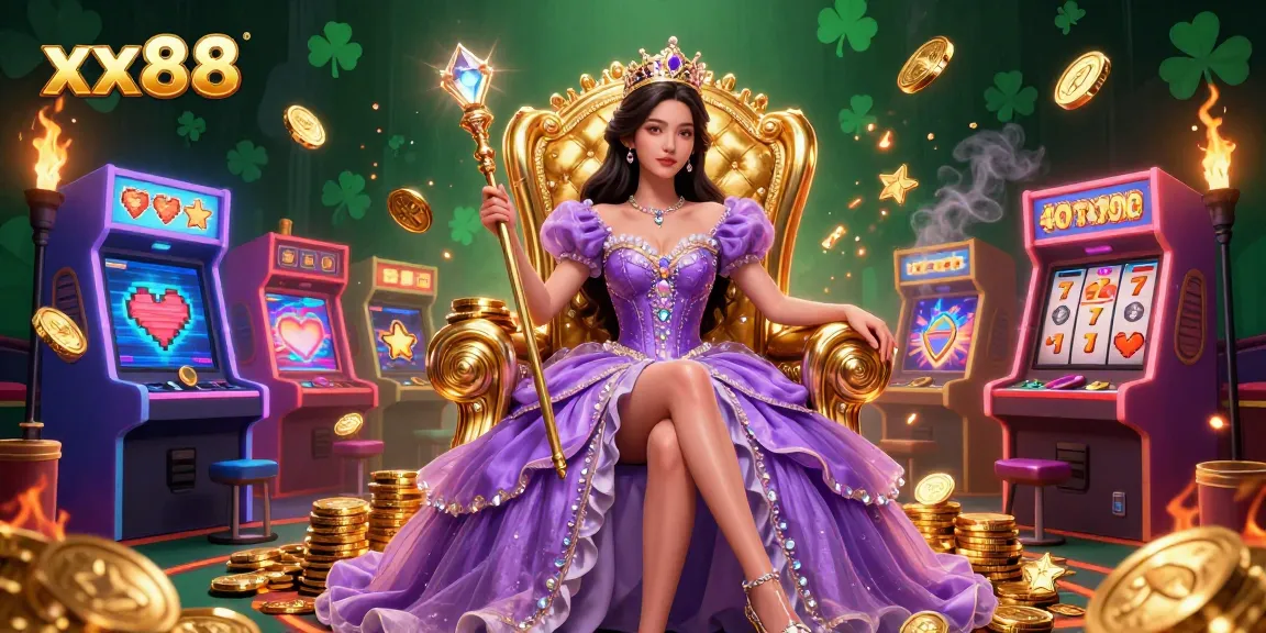 xx88 casino scene showcasing an elegant Asian woman with gaming elements, embodying vibrant casino excitement.