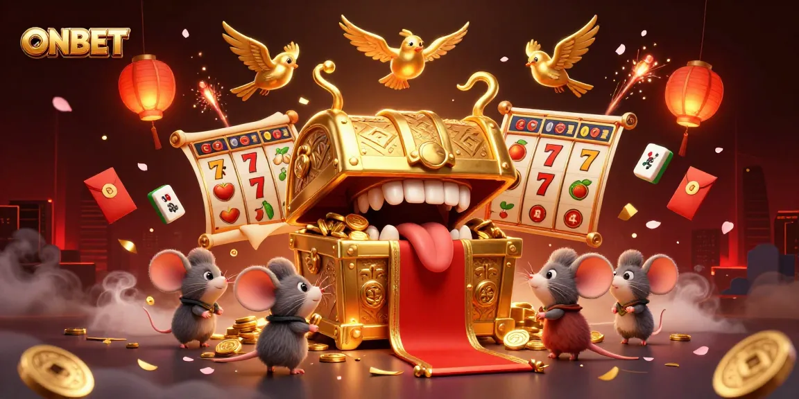 Engage with ONBET's dynamic casino experience featuring vibrant slot reels and a treasure chest.
