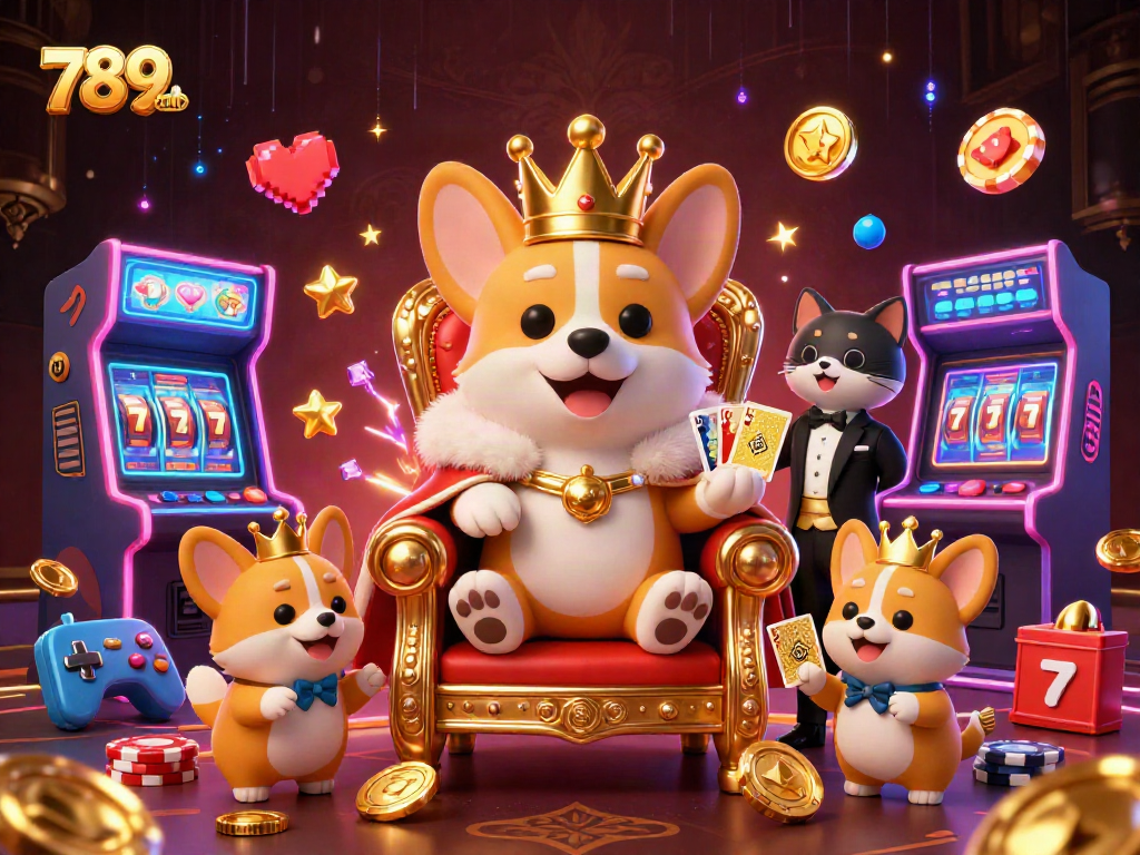 Experience the excitement of 789club in this vibrant 3D illustration of a royal corgi and a cat butler in a casino.
