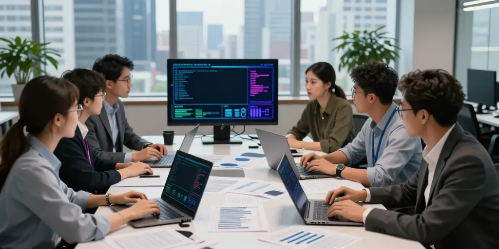 Dynamic team discusses the latest cybersecurity news and threats in a modern office setting.