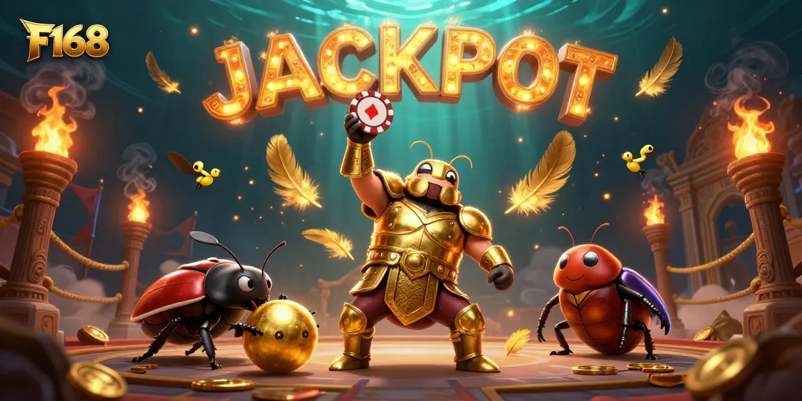 Experience F168's thrilling victory with a golden poker chip and jackpot celebrations in this vibrant illustration.