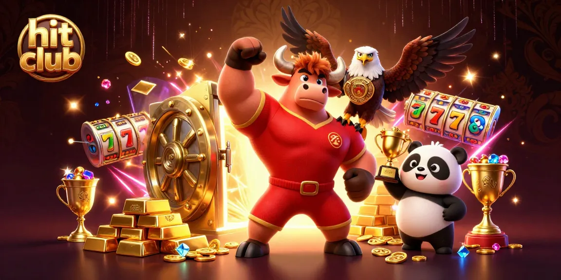 Hit club dynamic gaming scene with a bull, eagle, and panda among riches.