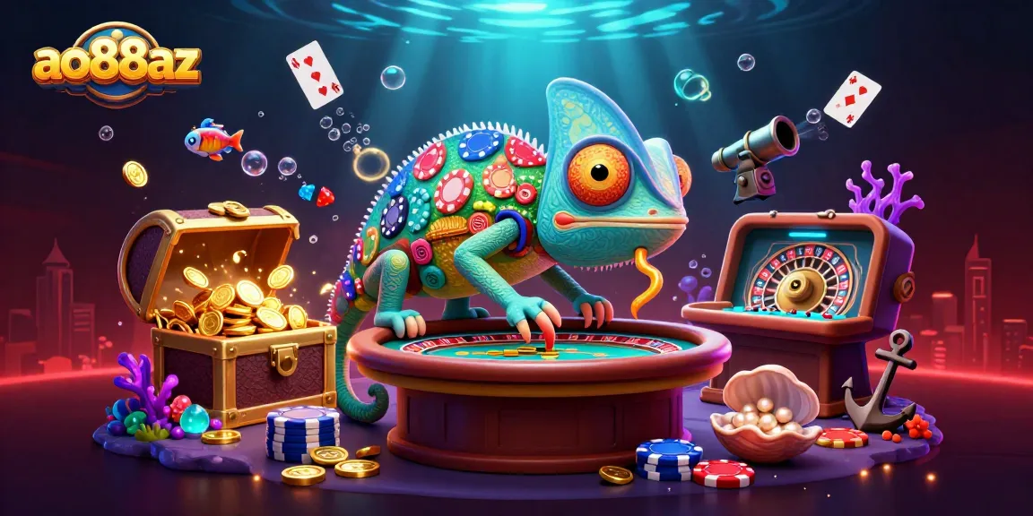 Engage in fun with ao88az's vibrant 3D scene showcasing a chameleon casino owner and explosive treasure