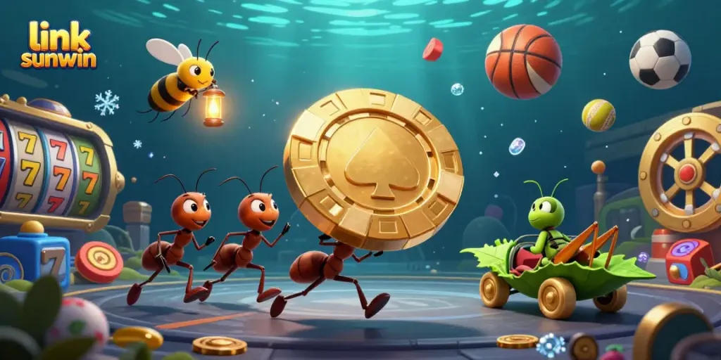 Capture the excitement with the link sunwin featuring an ant team on a heist, vibrant gambling symbols, and dynamic elements.