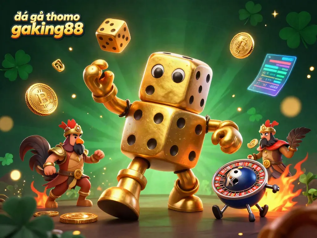 Engage with the intense energy of đá gà thomo gaking88 as golden dice and a dynamic roulette character illuminate the scene.
