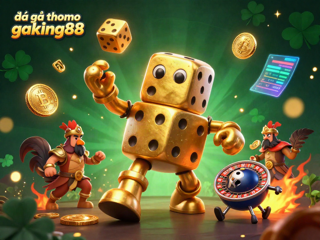 Engage with the intense energy of đá gà thomo gaking88 as golden dice and a dynamic roulette character illuminate the scene.